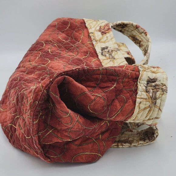 Vtg Quilted Horse Print Tote Bag With Reversible Interior Red Rope Pattern - Picture 16 of 16